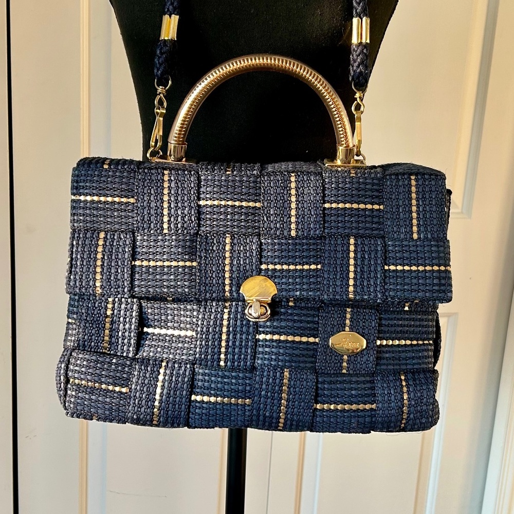 Fiona Navy and Gold Woven Straw Purse
